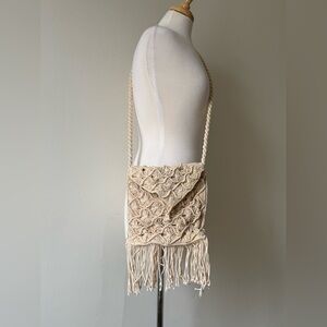 Aerie Vintage Crochet Macrame Crossbody Bag Boho Fringe Purse